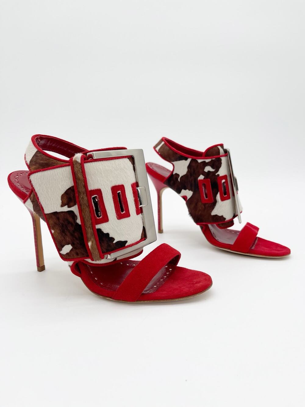 Manolo Blahnik Marta Mucco Red Cow Print Calf Hair Buckle Sandals Heels IT 37